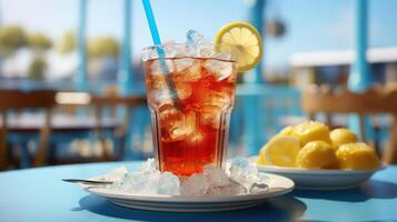 A glass of iced tea with lemon slices and a blue straw on a table photo