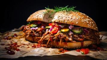 Two pulled pork sandwiches with sesame seed buns, topped with red onion, cucumber, dill, and a drizzle of sauce. photo