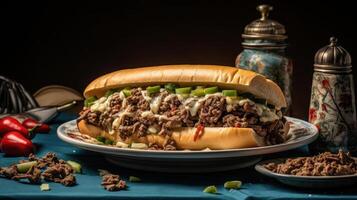 A large sandwich with meat and peppers on a plate photo