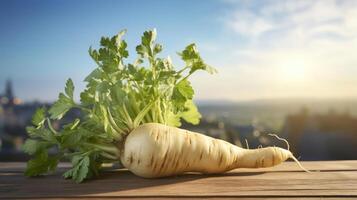 A close-up shot of a parsnip with its leaves on top of a wooden surface photo