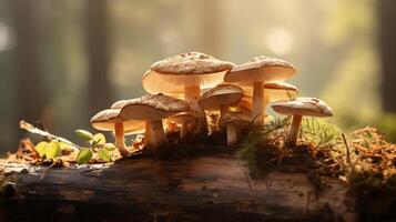 A close-up photograph of a cluster of mushrooms growing on a tree stump, with soft lighting and blurred background. photo