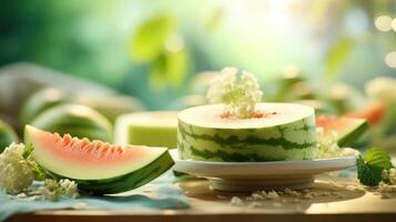 A watermelon is cut into a round shape and placed on a white plate with slices of red meat around it. photo