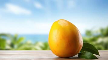 A ripe mango with leaves on a wooden table photo