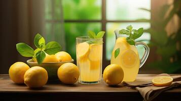Glass of lemonade with lemons and leaves on a table photo