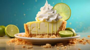 A slice of key lime pie on a white plate, garnished with whipped cream and a sprinkle of lime zest. photo