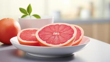 A grapefruit cut into slices on a white plate photo