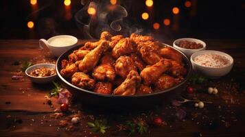 A plate of chicken wings in a bowl with various dipping sauces and seasonings on a wooden table. photo