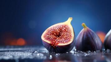 A photograph of figs with one cut open to show the inside. photo