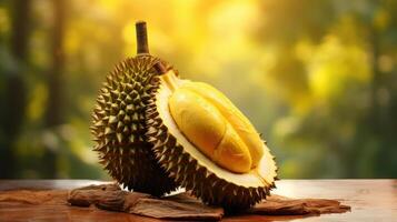 A durian fruit with its shell open, revealing the creamy flesh inside. photo