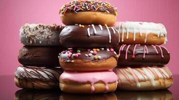 A stack of colorful donuts with various toppings and frostings. photo