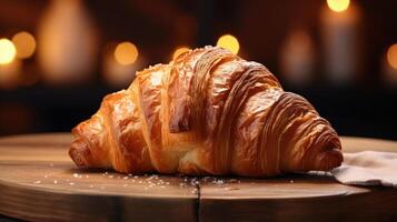 A golden brown croissant sprinkled with sugar on a wooden table photo