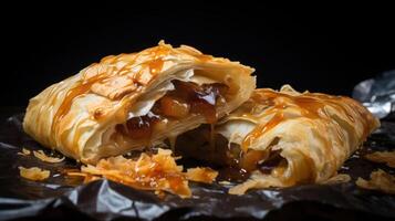 A close-up photograph of two apple strudels with caramel sauce on top photo