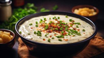 A bowl of creamy dip topped with chopped green onions and red pepper flakes, accompanied by a small bowl of what appears to be crumbled cheese or crackers on the side. photo