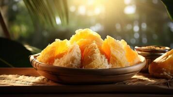 A bowl of ghee on a wooden table in front of a blurred green background. photo