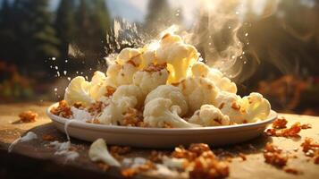 A plate of cauliflower is exploding with a burst of white steam and debris flying everywhere. photo