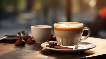 A photograph of two cups of coffee on a wooden table with an out-of-focus background. photo