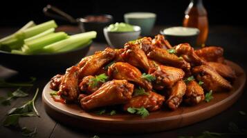 A plate of chicken wings with a side of celery and dipping sauce photo