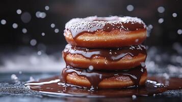 Stack of chocolate frosted donuts with sprinkles photo