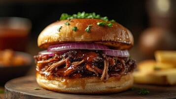 A pulled pork sandwich on a toasted bun with red onion and green chives. photo