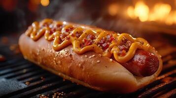 A hot dog is a food item consisting of a sausage served in the slit of a partially sliced bun, typically topped with condiments such as ketchup, mustard, relish, sauerkraut, onions, and chili. photo