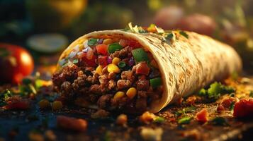 A close-up photograph of a burrito with various toppings and fillings, showcasing its texture and flavors. photo