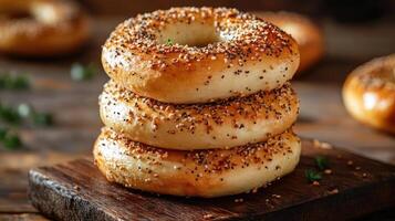 A stack of three bagels with poppy seeds and sesame seeds on top of a wooden board. photo