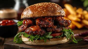 A large burger with a sesame seed bun, lettuce, tomato, and meat patty on a wooden table photo