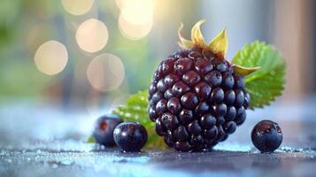 A close-up photograph of a blackberry with water droplets and four smaller berries scattered around it. photo
