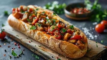 A long sandwich with vegetables and herbs on top photo