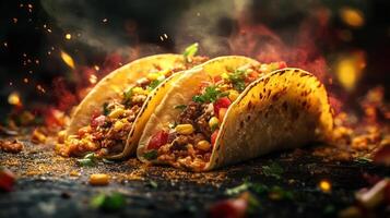 Three tacos with meat and vegetables on a dark background photo