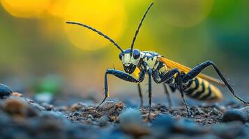 A large insect with a yellow and black striped body photo