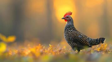a chicken standing in a field of yellow leaves photo