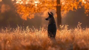 African wild dog standing in a field of tall grass photo