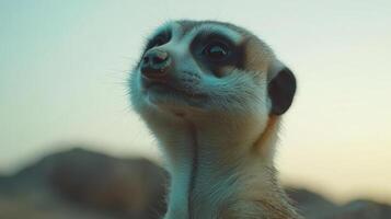 Close-up of a meerkat looking at something with curiosity photo