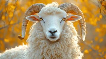 A close-up of a sheep's face with large horns. photo