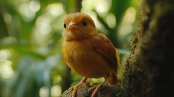 A small yellow bird perched on a branch. photo