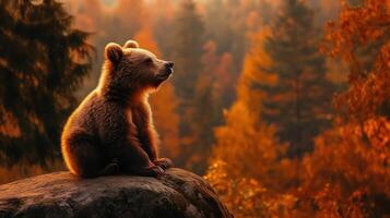 A brown bear sitting on a rock in autumn forest photo