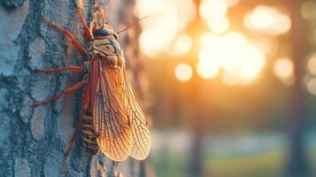 A close-up of a giant wasp perched on tree bark photo