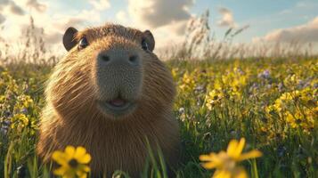Cute Capybara Smiling in a Field of Yellow Flowers photo
