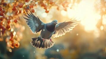 A dove flying over a tree with red berries photo