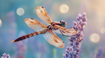 Dragonfly on a flower with soft background photo