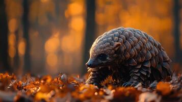 A pangolin walking through autumn leaves photo