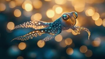 A glowing blue squid with large eyes and long tentacles photo