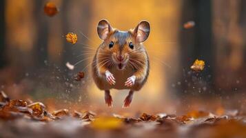 Mouse running through autumn leaves. photo