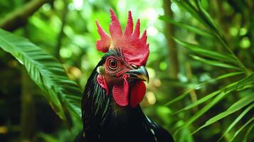 A close-up of a chicken's head with red comb and wattle. photo