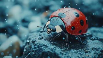 A ladybug on a rock with water droplets photo