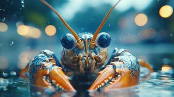 A close-up of a lobster or crab with large eyes and claws. photo