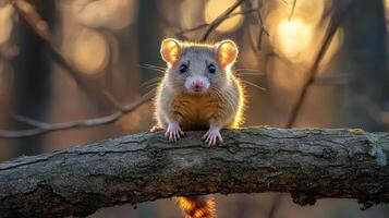 Mouse sitting on a tree branch at sunset. photo