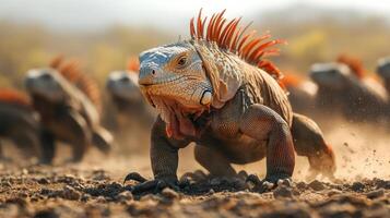 A large iguana with red spikes on its back and tail photo