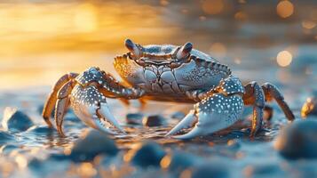 A close-up of a blue crab with large claws. photo
